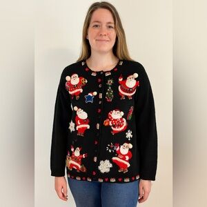 Tiara Black‎ Vintage Black Cotton/Ramie Holiday Sweater with Santa Motif Sz. S